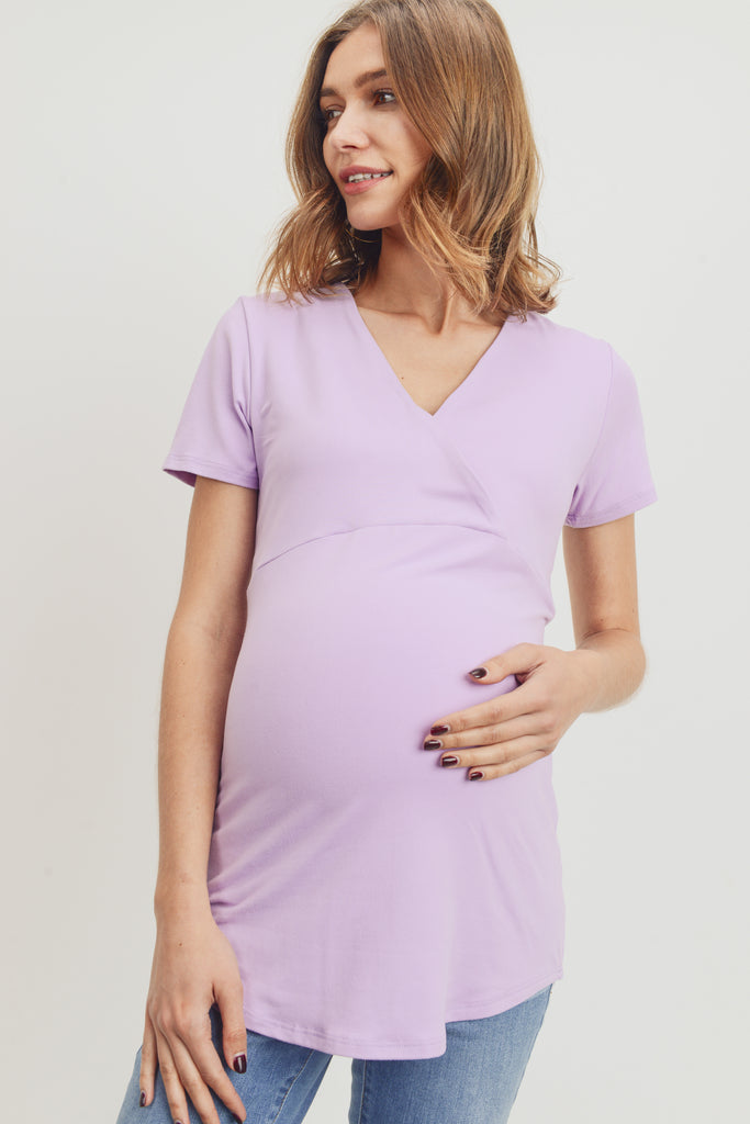 Lavender Short Sleeve Surplice front Maternity & Nursing Top
