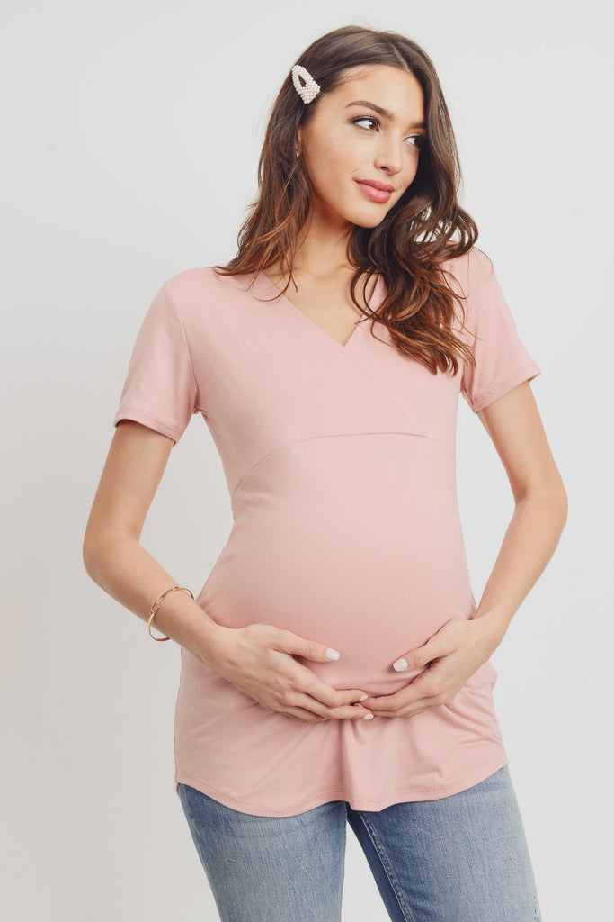 Mauve Short Sleeve Surplice front Maternity & Nursing Top