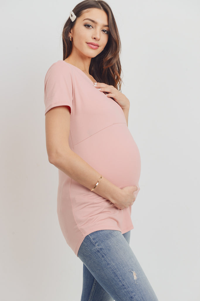 Mauve Short Sleeve Surplice front Maternity & Nursing Top