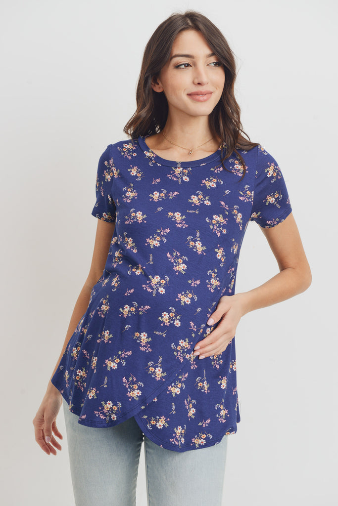 Navy Floral Short Sleeve Asymmetrical Wrap Modal Nursing Top