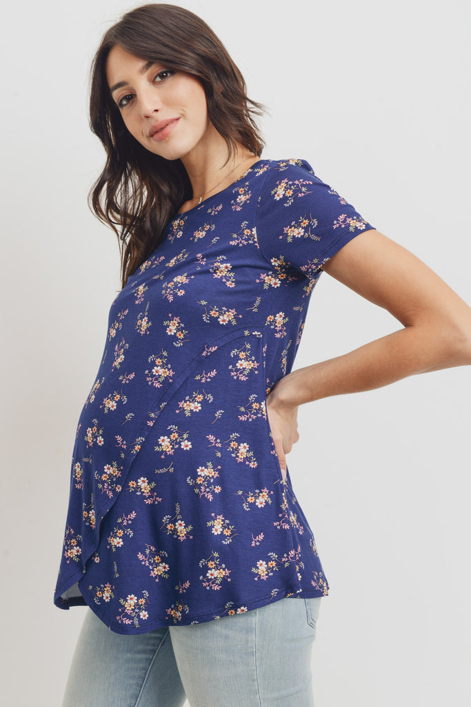 Navy Floral Short Sleeve Asymmetrical Wrap Modal Nursing Top