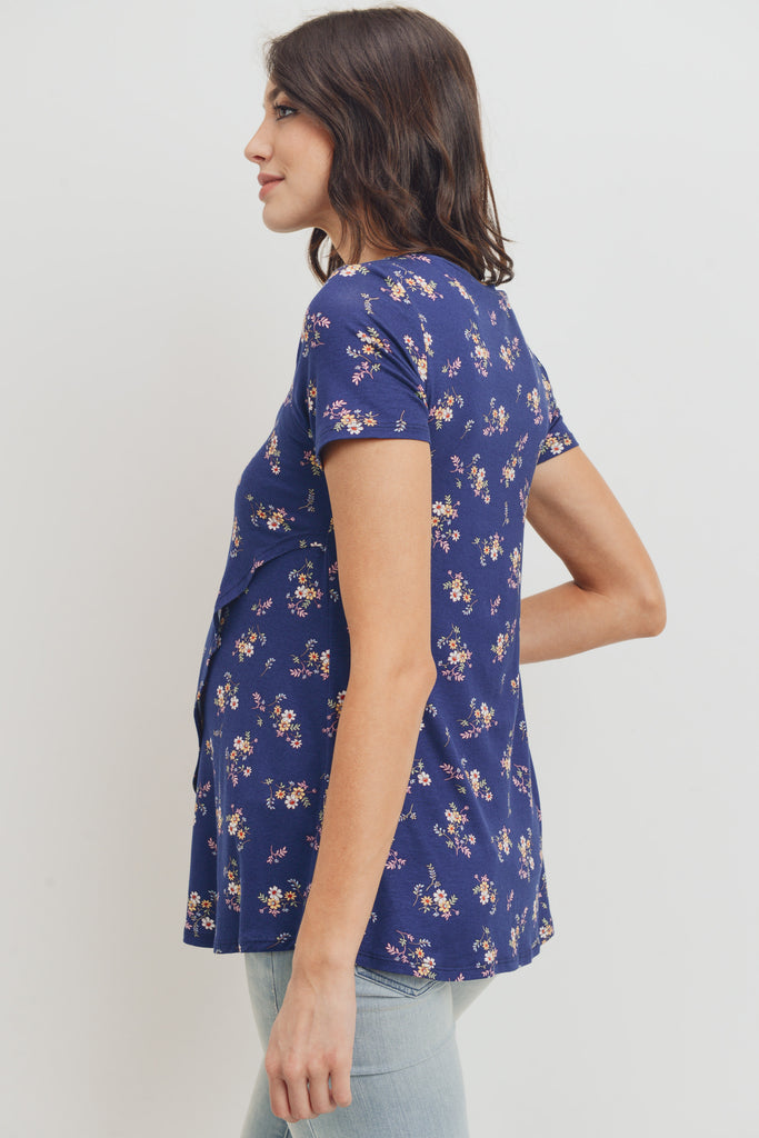 Navy Floral Short Sleeve Asymmetrical Wrap Modal Nursing Top