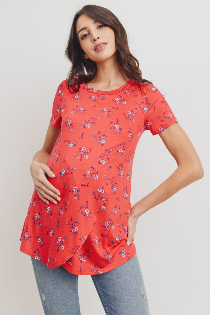 Red Floral Short Sleeve Asymmetrical Wrap Modal Nursing Top