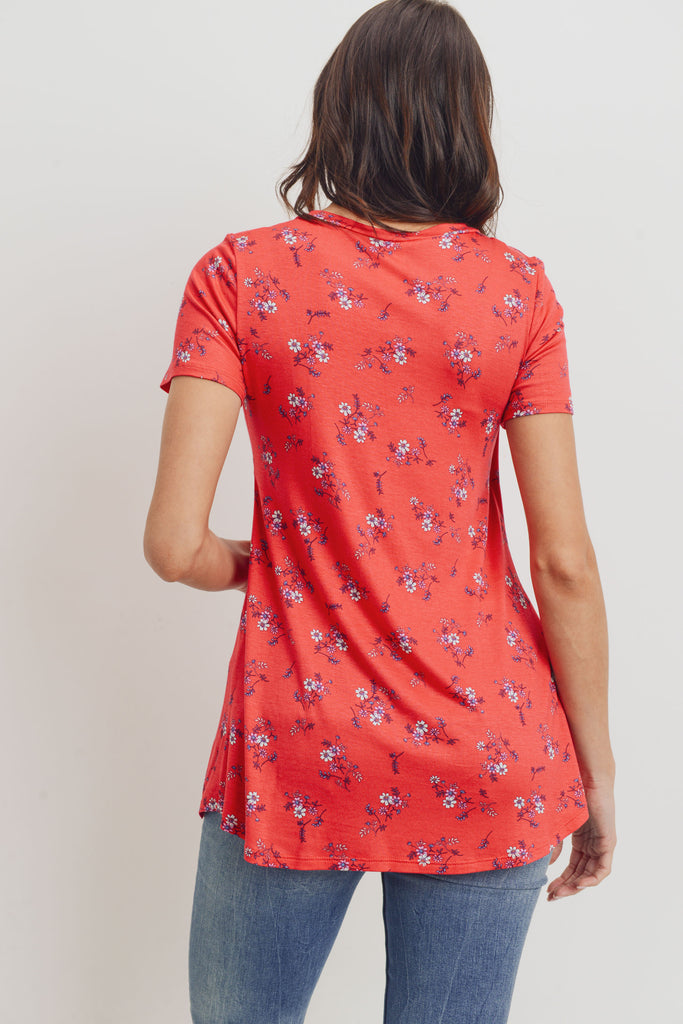 Red Floral Short Sleeve Asymmetrical Wrap Modal Nursing Top