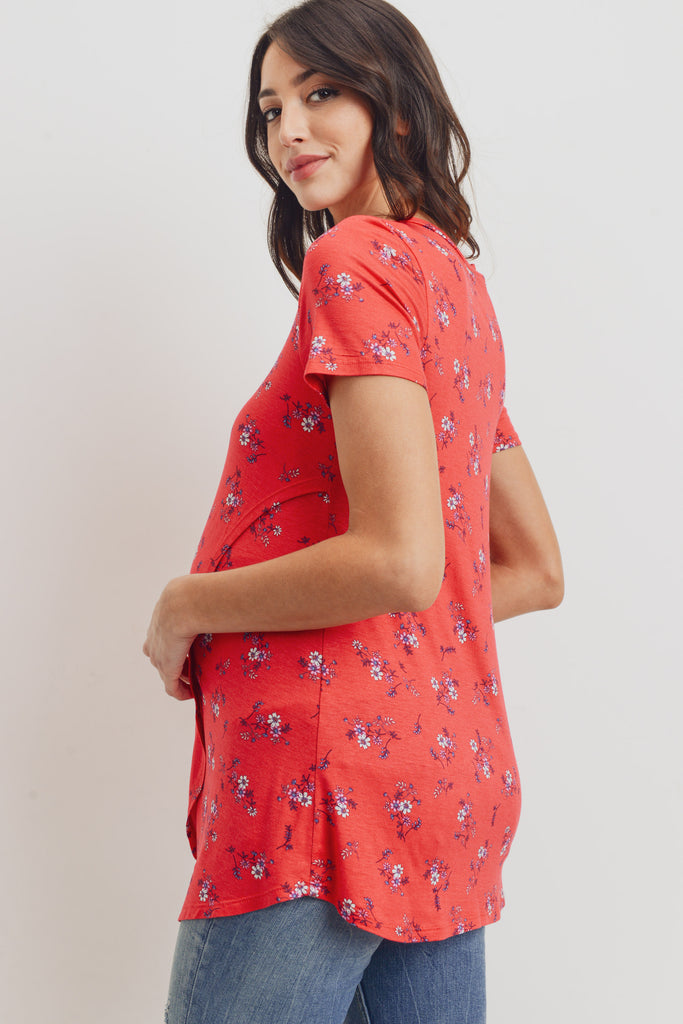 Red Floral Short Sleeve Asymmetrical Wrap Modal Nursing Top