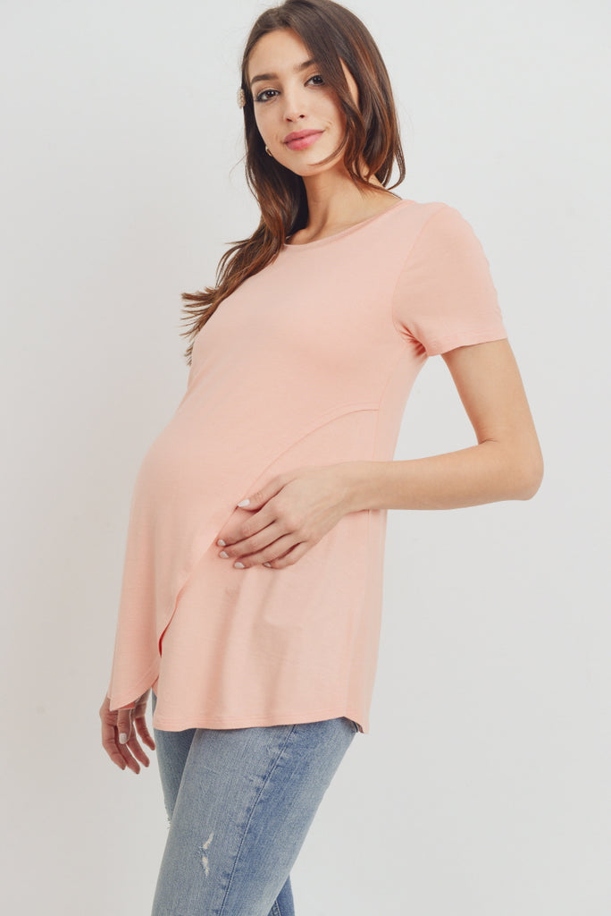 Peach Short Sleeve Asymmetrical Wrap Nursing Top