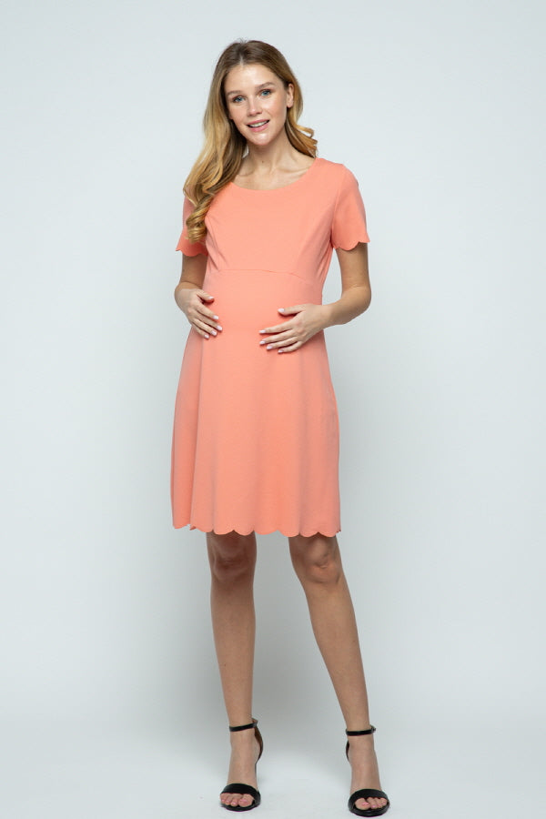 Peach Solid Scalloped Maternity Dress