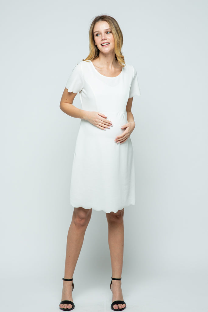 White Solid Scalloped Maternity Dress