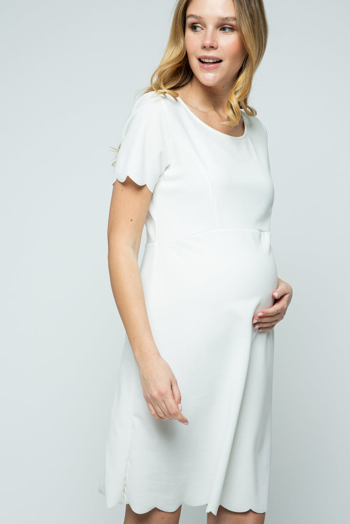 White Solid Scalloped Maternity Dress