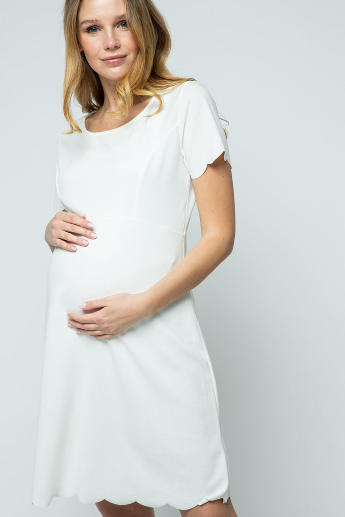 White Solid Scalloped Maternity Dress