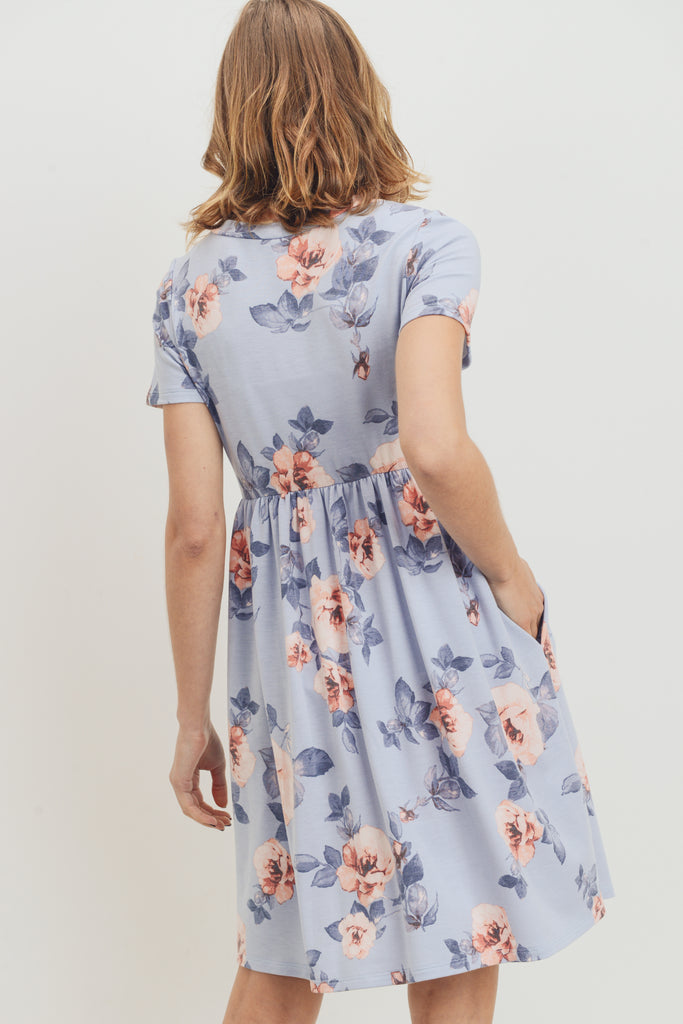 Chambray Floral Print Babydoll Maternity Pocket Dress