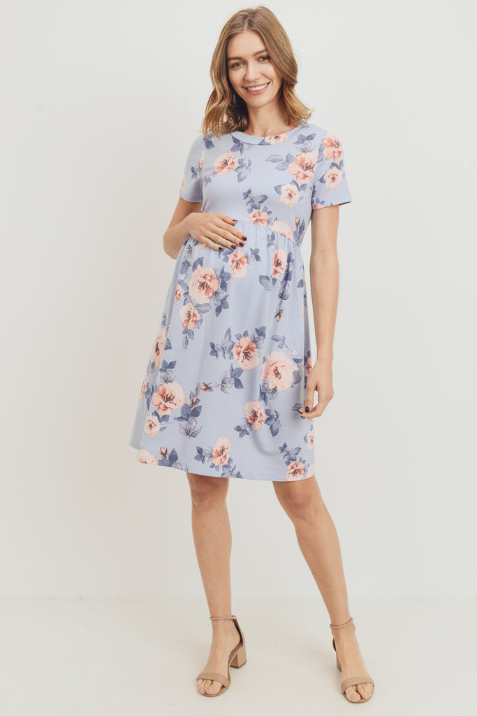 Chambray Floral Print Babydoll Maternity Pocket Dress