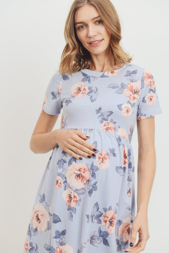 Chambray Floral Print Babydoll Maternity Pocket Dress