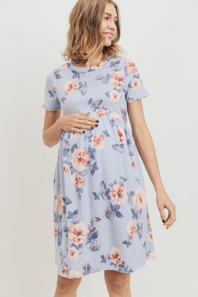 Chambray Floral Print Babydoll Maternity Pocket Dress