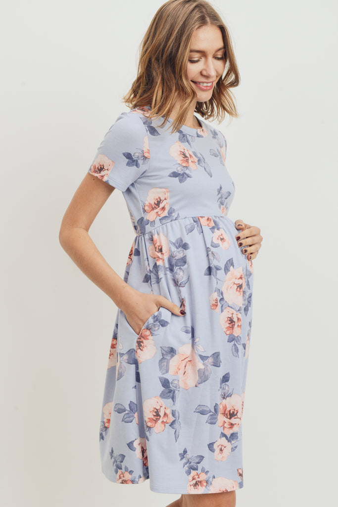 Chambray Floral Print Babydoll Maternity Pocket Dress