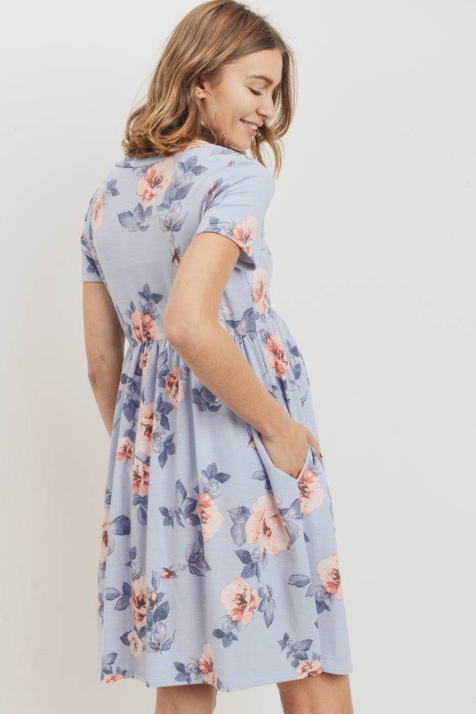 Chambray Floral Print Babydoll Maternity Pocket Dress