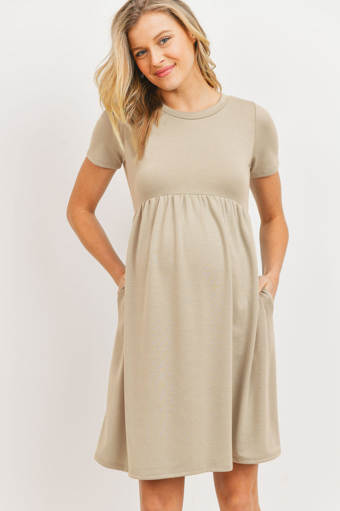 Taupe French Terry Babydoll Maternity T-Shirt Dress