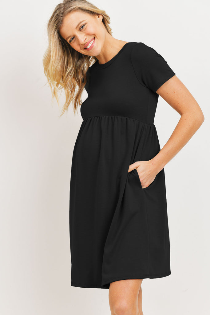 Black French Terry Babydoll Maternity T-Shirt Dress