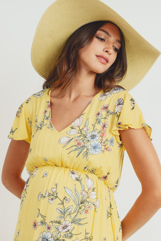 Yellow Rayon Gauze Floral Maternity Ruffle Dress
