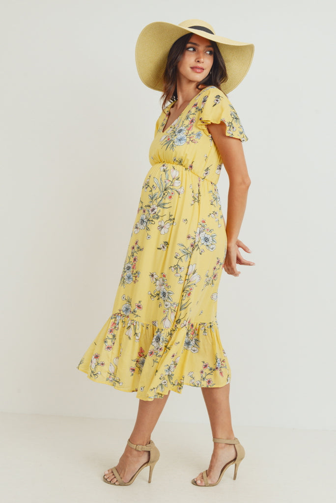 Yellow Rayon Gauze Floral Maternity Ruffle Dress