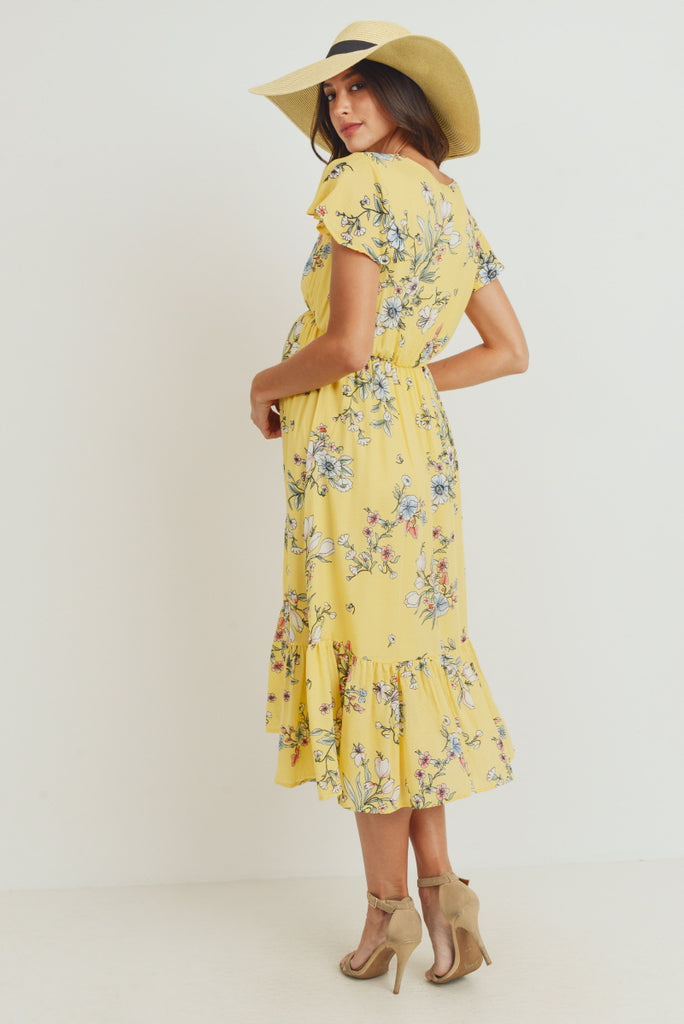 Yellow Rayon Gauze Floral Maternity Ruffle Dress