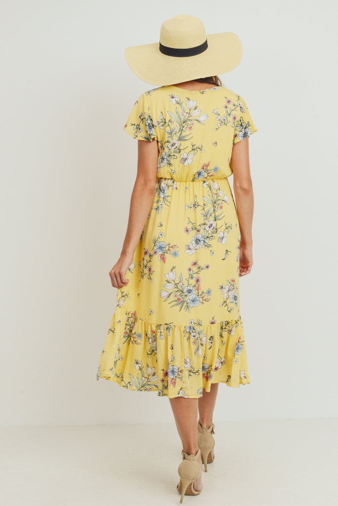 Yellow Rayon Gauze Floral Maternity Ruffle Dress