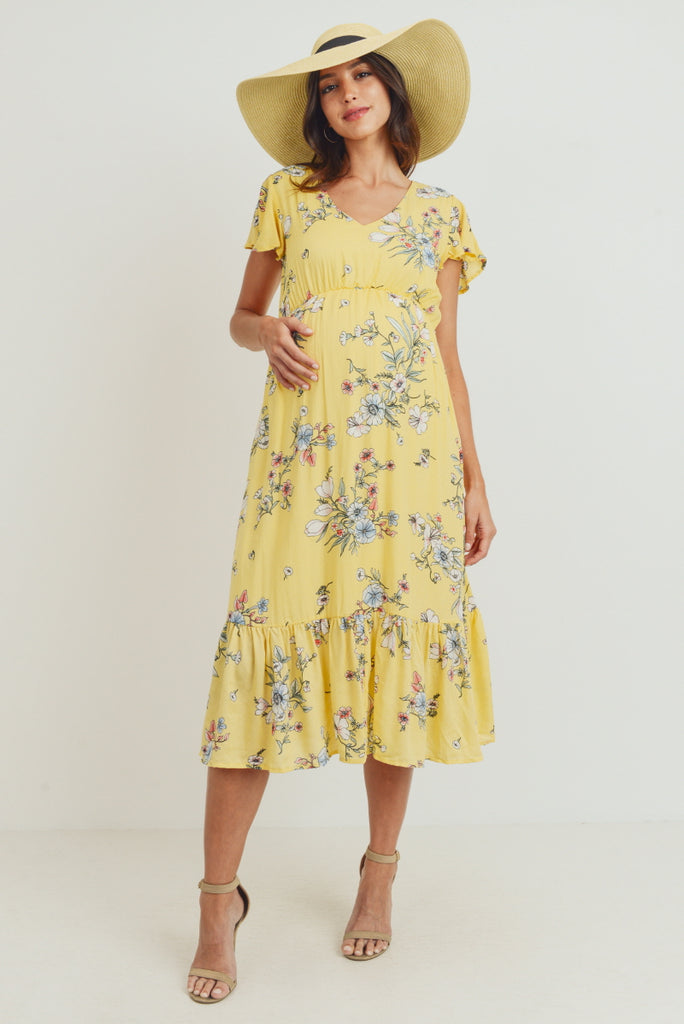 Yellow Rayon Gauze Floral Maternity Ruffle Dress