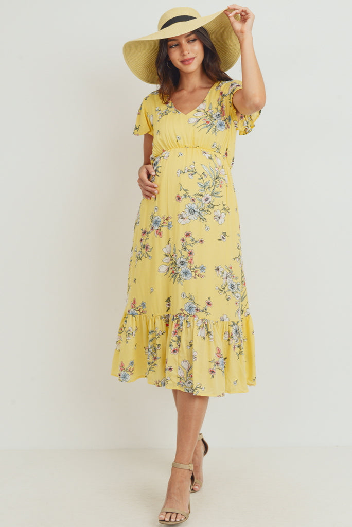 Yellow Rayon Gauze Floral Maternity Ruffle Dress
