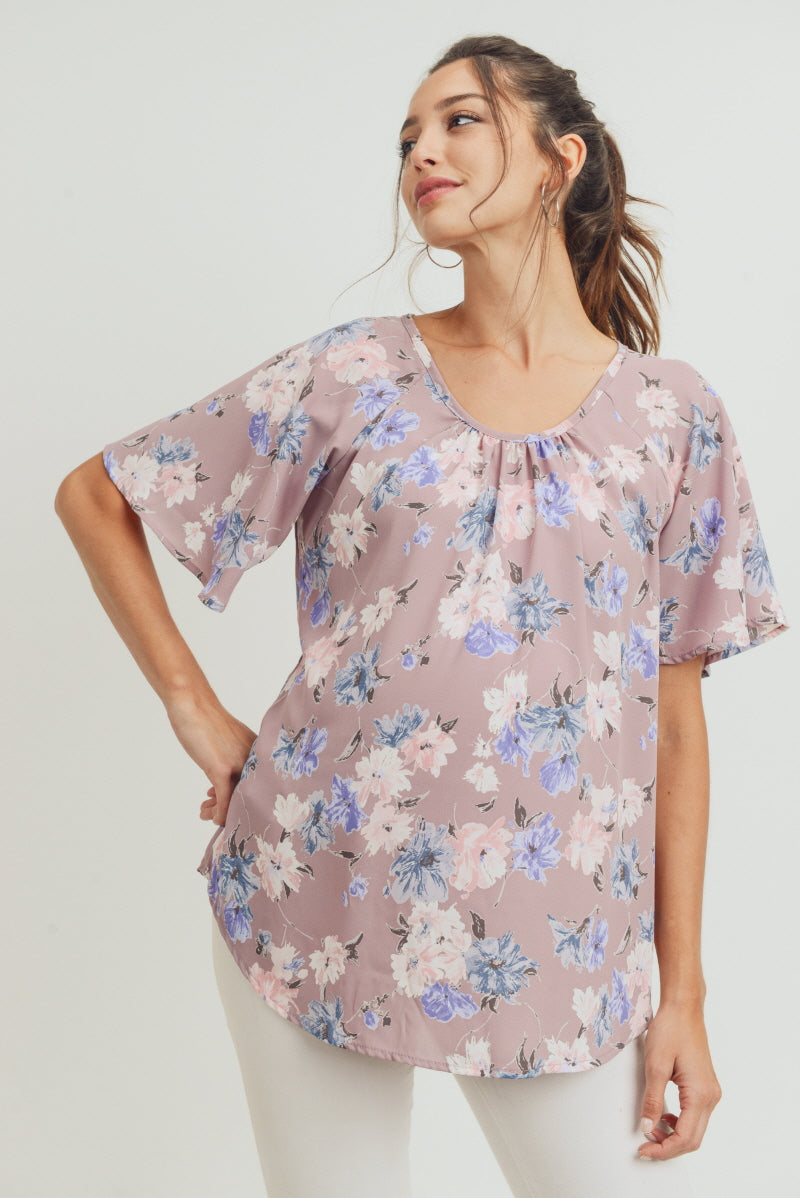 Mauve Floral Key Hole Back Maternity Blouse