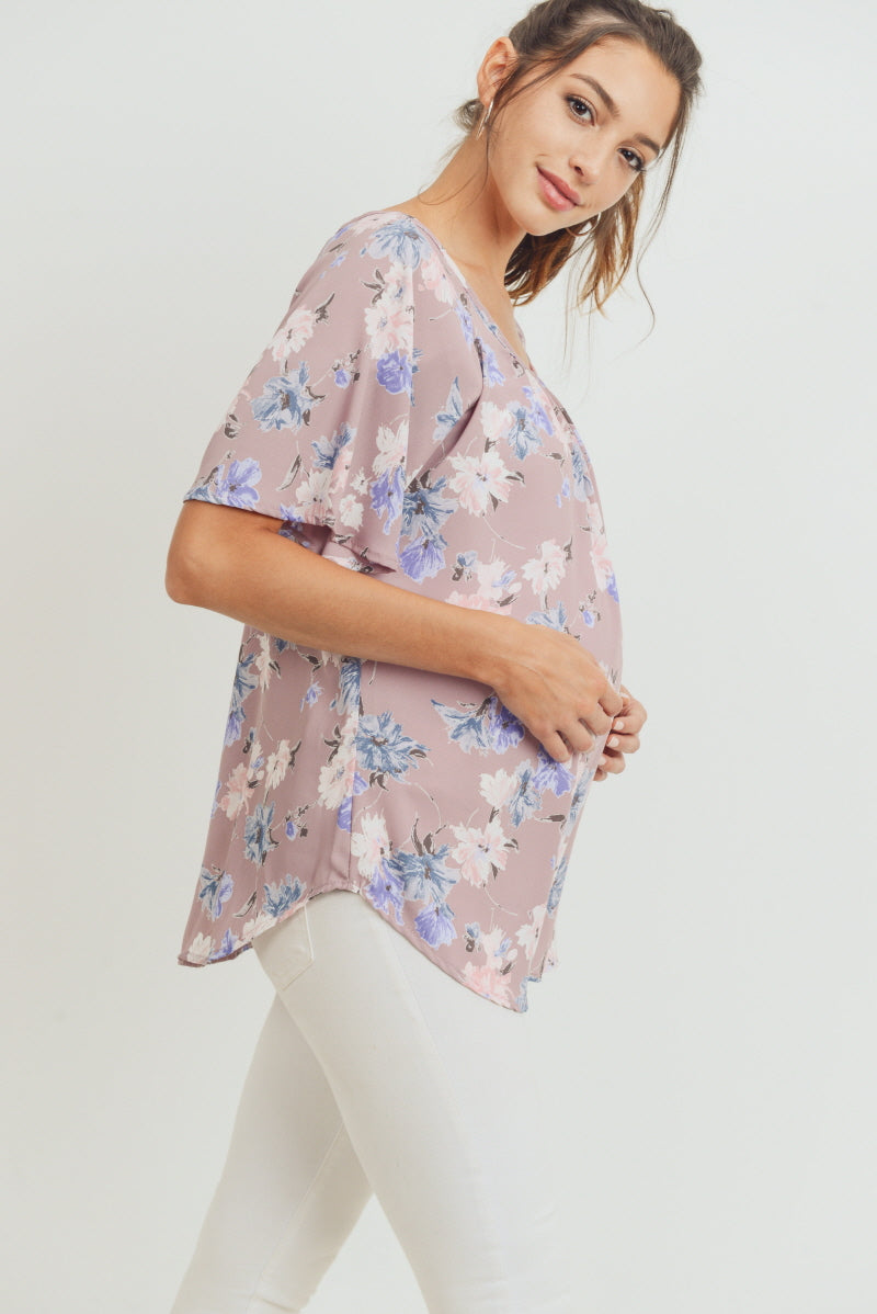 Mauve Floral Key Hole Back Maternity Blouse