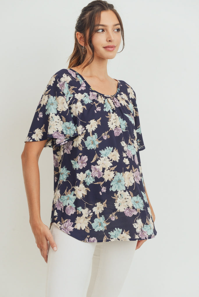 Navy Floral Key Hole Back Maternity Blouse