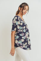 Navy Floral Key Hole Back Maternity Blouse
