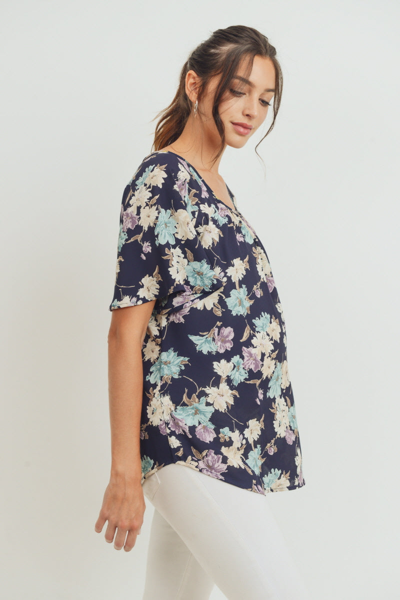 Navy Floral Key Hole Back Maternity Blouse