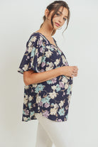Navy Floral Key Hole Back Maternity Blouse