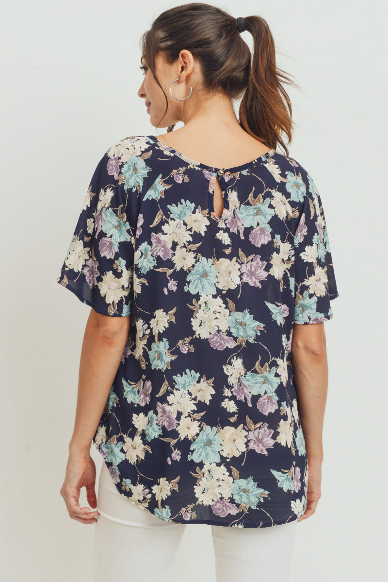 Navy Floral Key Hole Back Maternity Blouse
