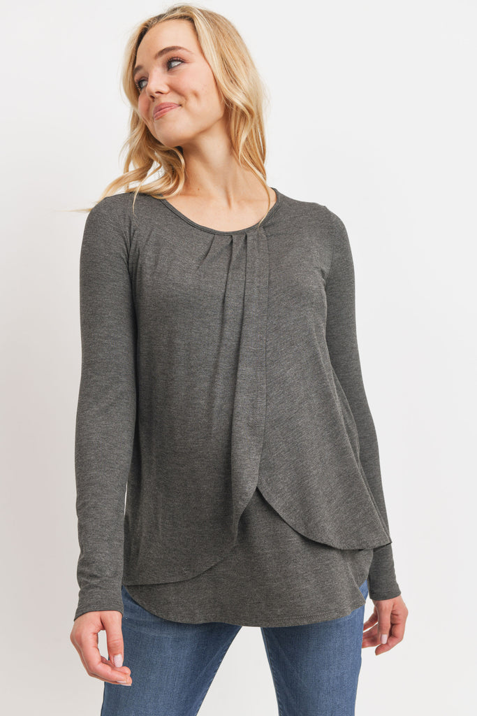 Charcoal Rayon Jersey Layered Maternity/ Nursing Top