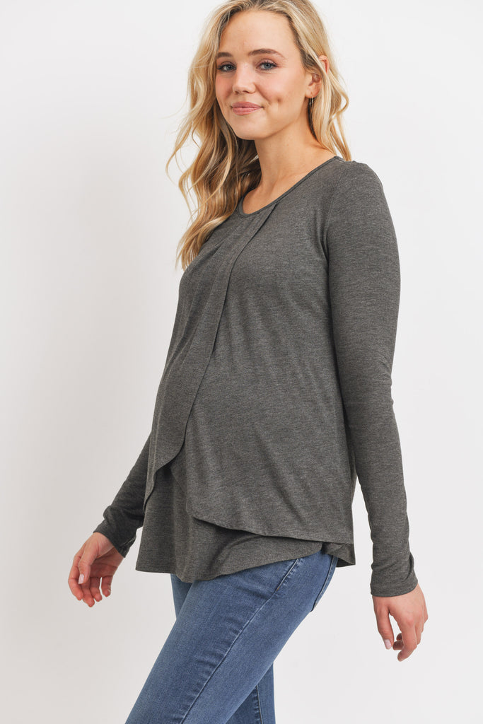 Charcoal Rayon Jersey Layered Maternity/ Nursing Top