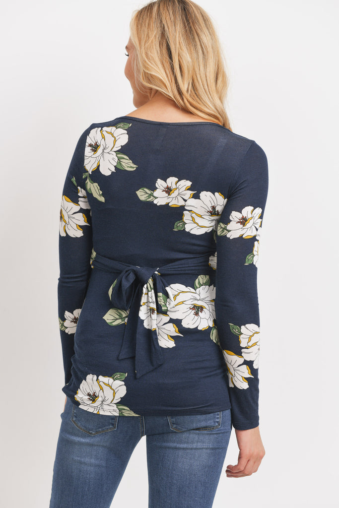 Navy Flower Rayon Spandex Print Back-Tie Maternity/Nursing Top