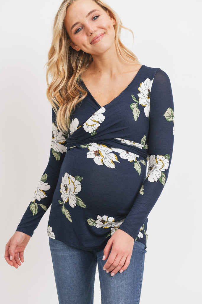 Navy Flower Rayon Spandex Print Back-Tie Maternity/Nursing Top