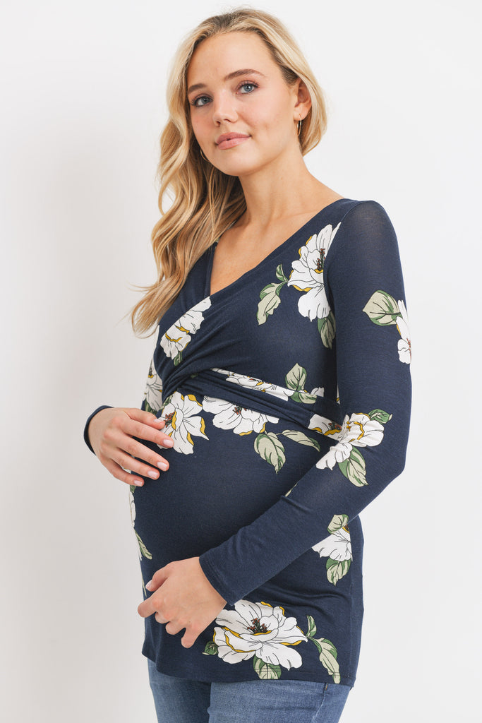 Navy Flower Rayon Spandex Print Back-Tie Maternity/Nursing Top