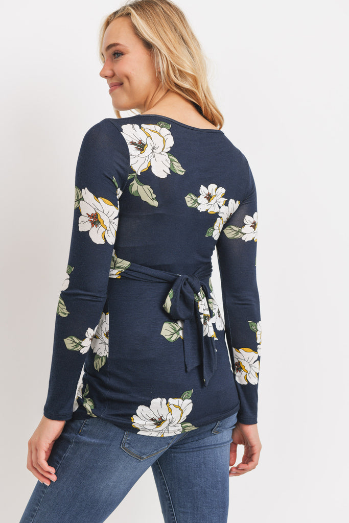 Navy Flower Rayon Spandex Print Back-Tie Maternity/Nursing Top