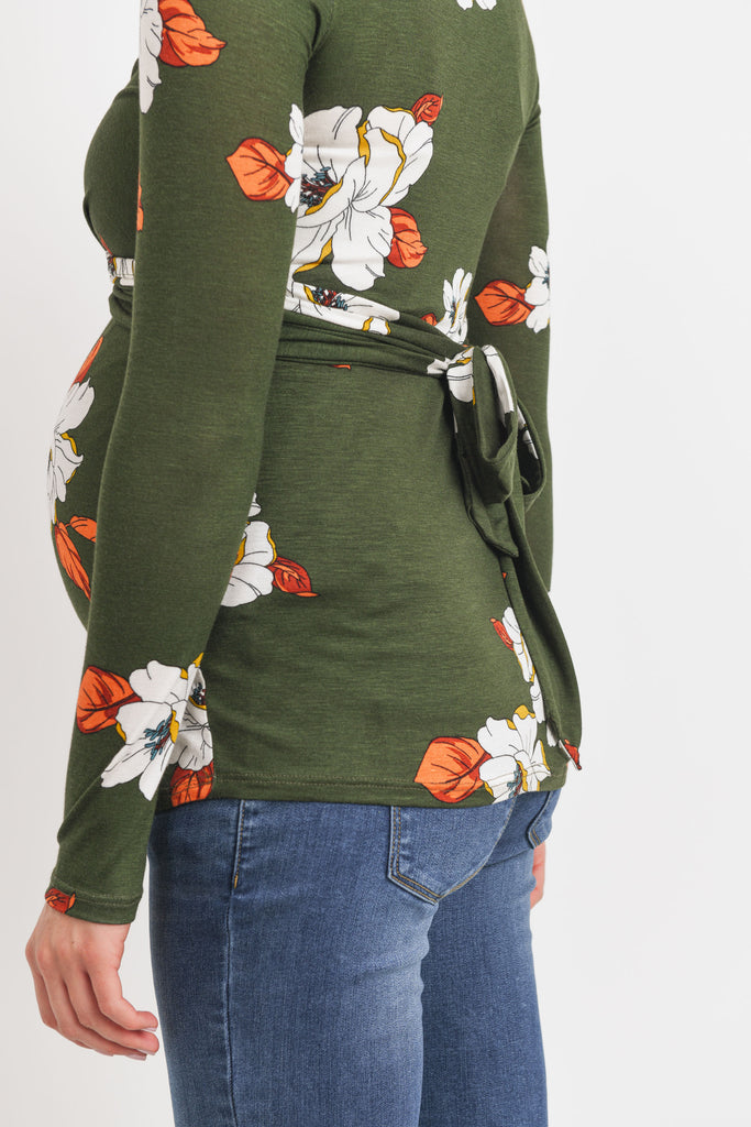 Olive Flower Rayon Spandex Print Back-Tie Maternity/Nursing Top