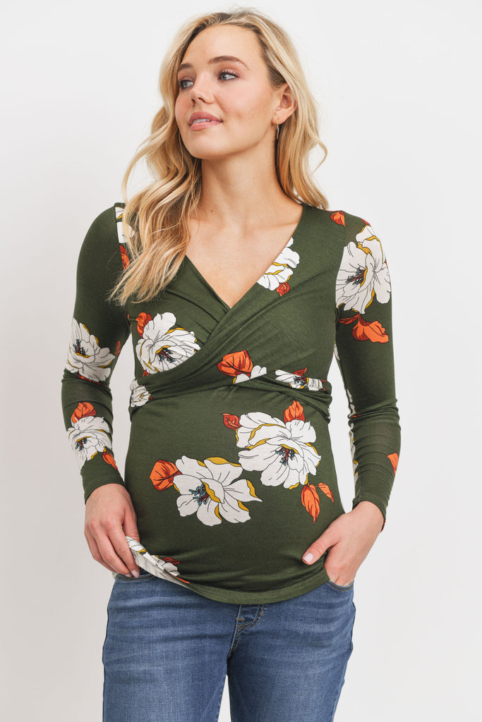 Olive Flower Rayon Spandex Print Back-Tie Maternity/Nursing Top