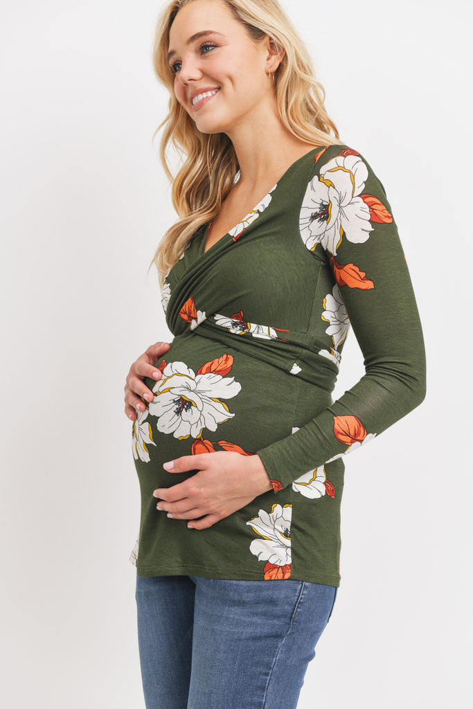 Olive Flower Rayon Spandex Print Back-Tie Maternity/Nursing Top