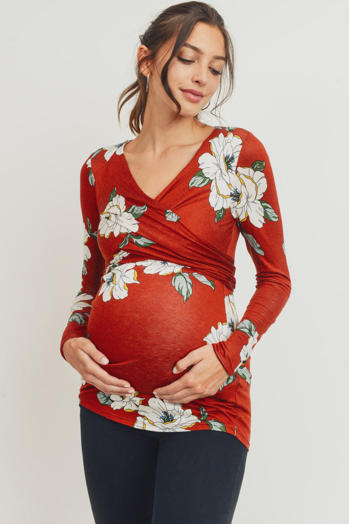 Rust Flower Rayon Spandex Print Back-Tie Maternity/Nursing Top