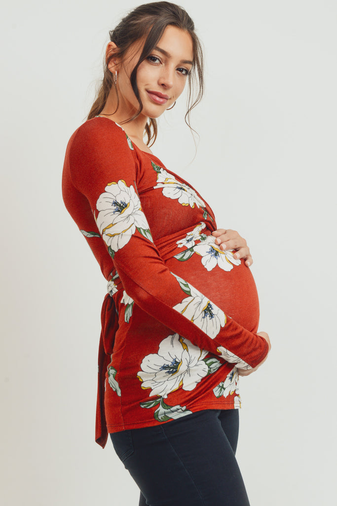 Rust Flower Rayon Spandex Print Back-Tie Maternity/Nursing Top