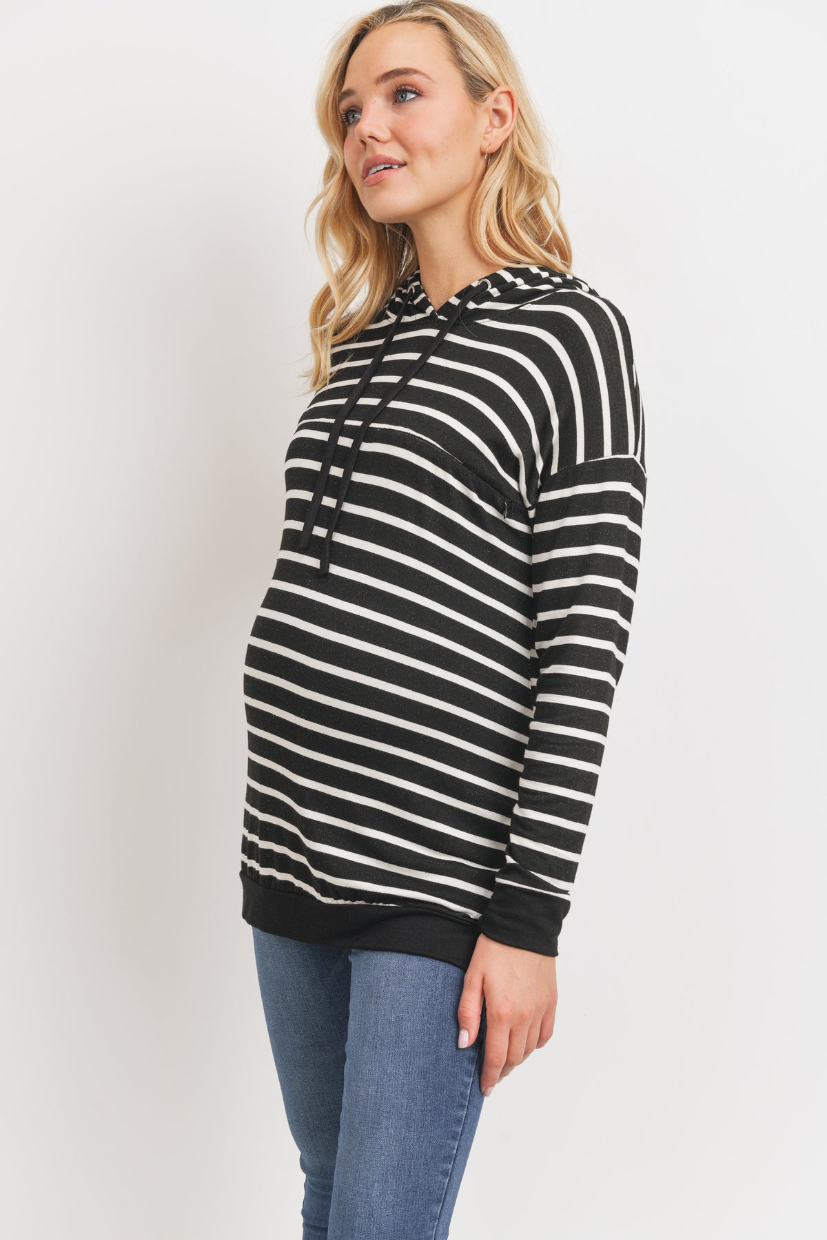 Black/Ivory Rayon French Terry Stripped Maternity/ Nursing Hoodie
