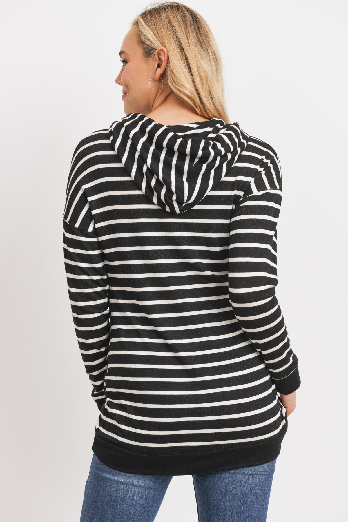 Black/Ivory Rayon French Terry Stripped Maternity/ Nursing Hoodie