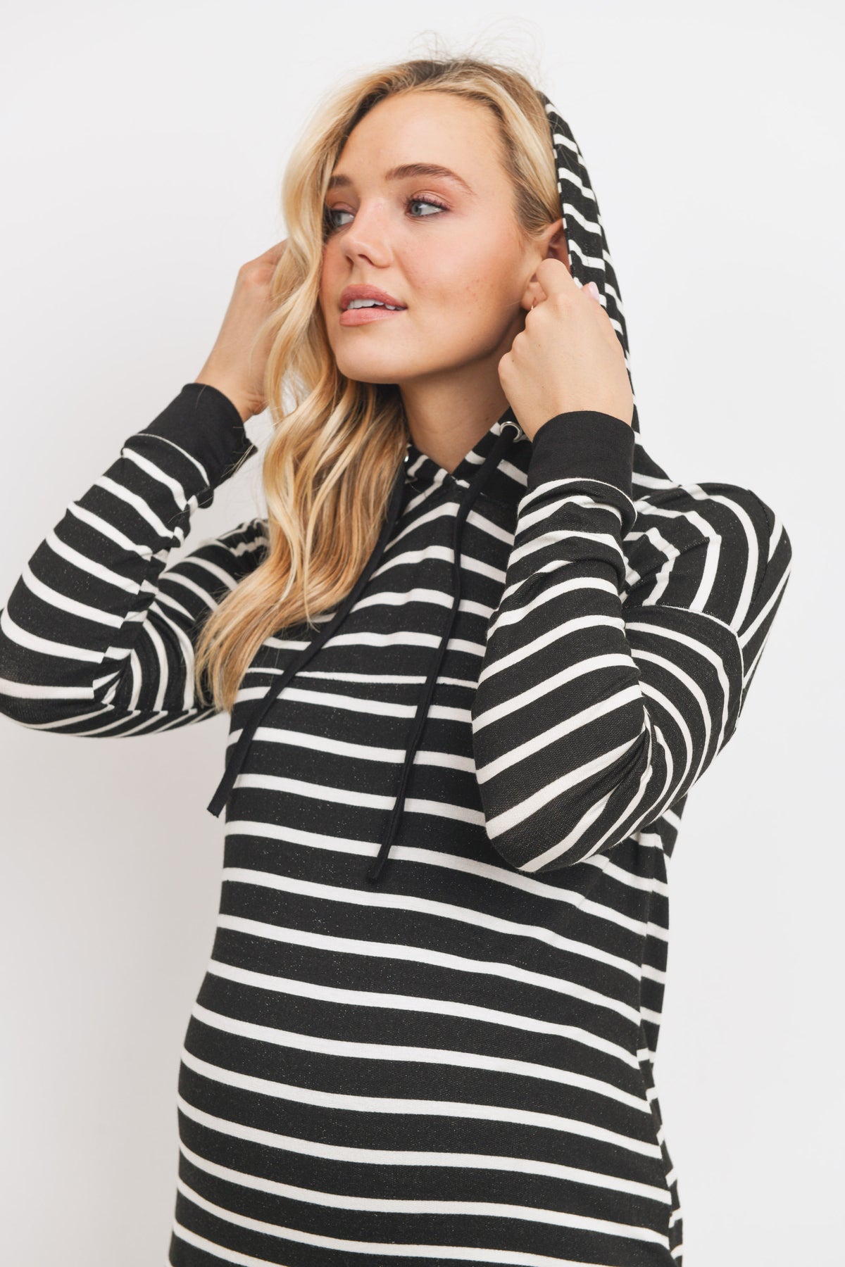 Black/Ivory Rayon French Terry Stripped Maternity/ Nursing Hoodie