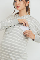 Grey/Ivory Rayon French Terry Stripped Maternity/ Nursing Hoodie